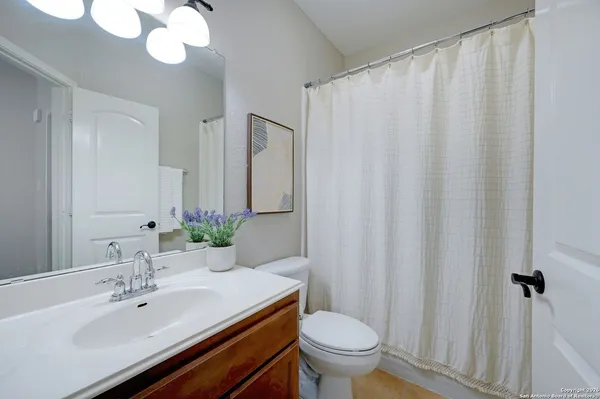 a bathroom with a sink a toilet and shower curtain