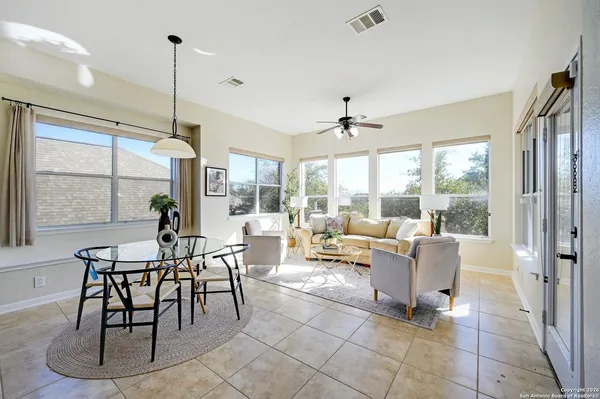 a view of a dining room with furniture window and outside view