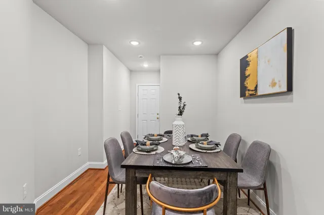 a view of a dining room with furniture