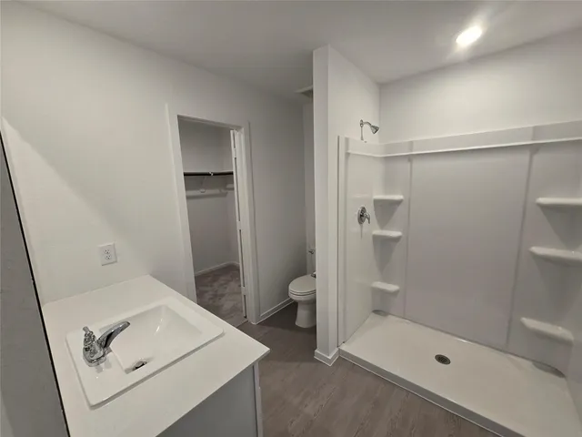 a bathroom with a shower and toilet