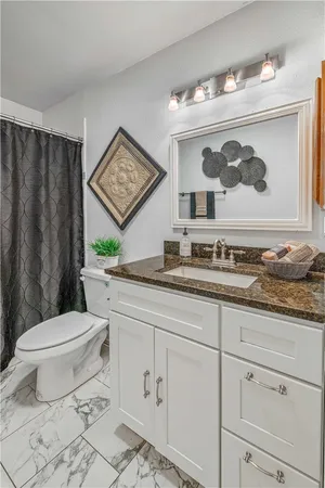a bathroom with a granite countertop toilet sink and mirror