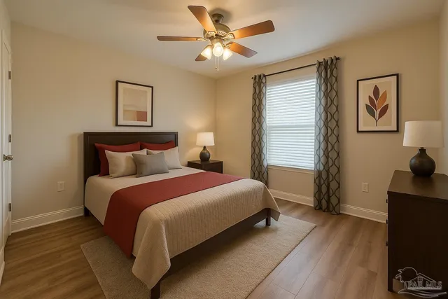 a spacious bedroom with a bed and a window