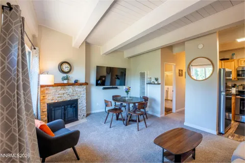 a living room with furniture a fireplace a rug and a large window