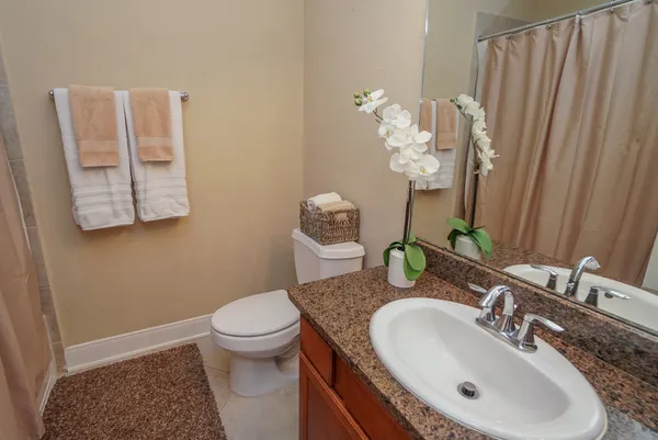 a bathroom with a sink a toilet and mirror