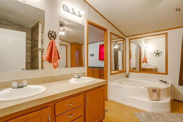 a bathroom with a tub a sink and a large mirror