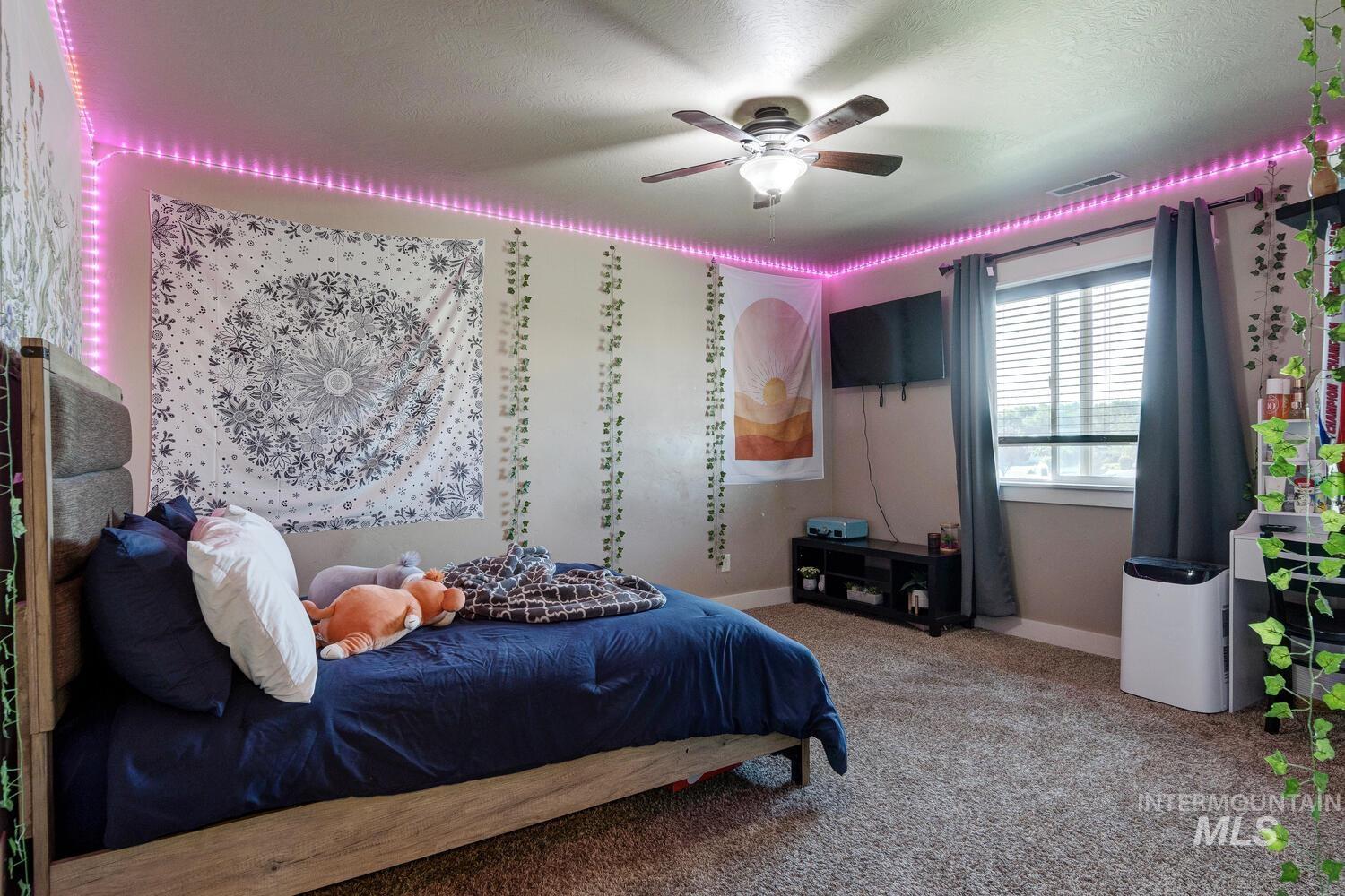 22757 Rosicky Way Caldwell, ID 83607 - Photo 33 of 50 Carpeted bedroom featuring a ceiling fan and a textured ceiling