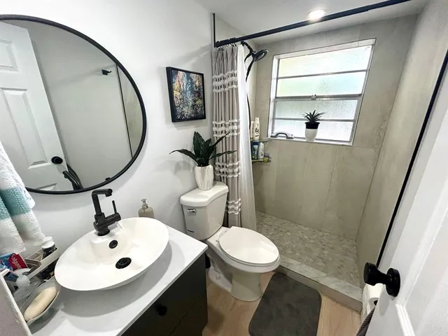 a bathroom with a sink toilet and mirror