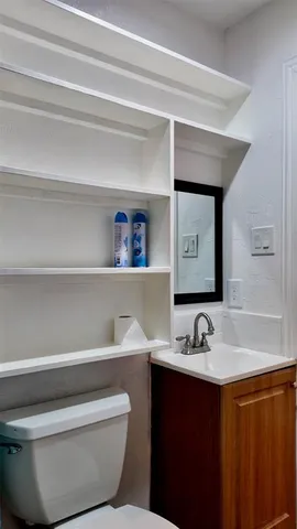 a bathroom with a toilet sink and mirror