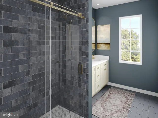 a bathroom with a shower and a sink