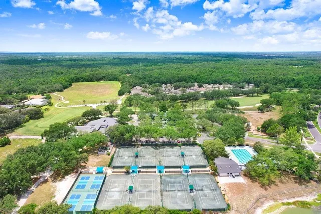 an aerial view of residential houses with outdoor space and trees