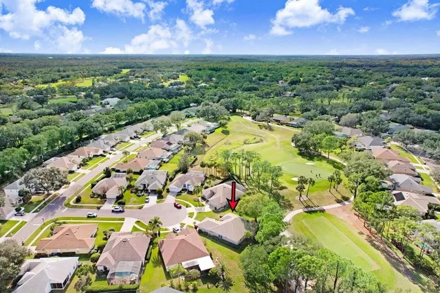an aerial view of residential houses with outdoor space and swimming pool