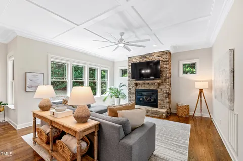 a living room with fireplace furniture and a flat screen tv