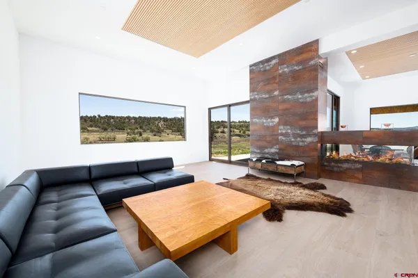a living room with furniture and a rug