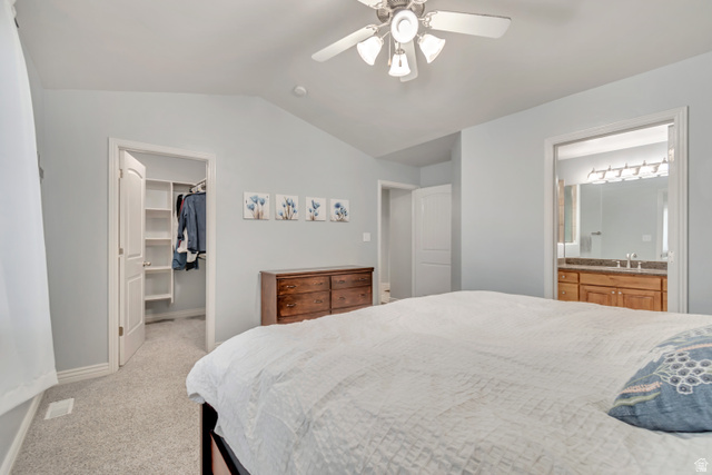 356 North 230 West Payson, UT 84651 - Photo 10 of 45 Interior room featuring light gray wall paint, a ceiling fan with integrated lighting, and carpet flooring