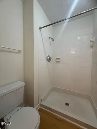 a bathroom with a shower and a toilet