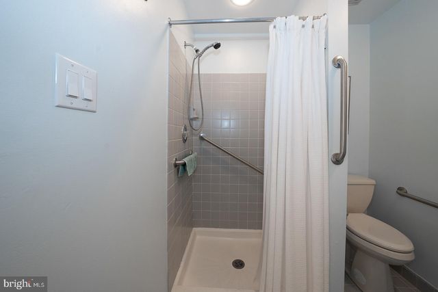 a bathroom with a shower and a toilet