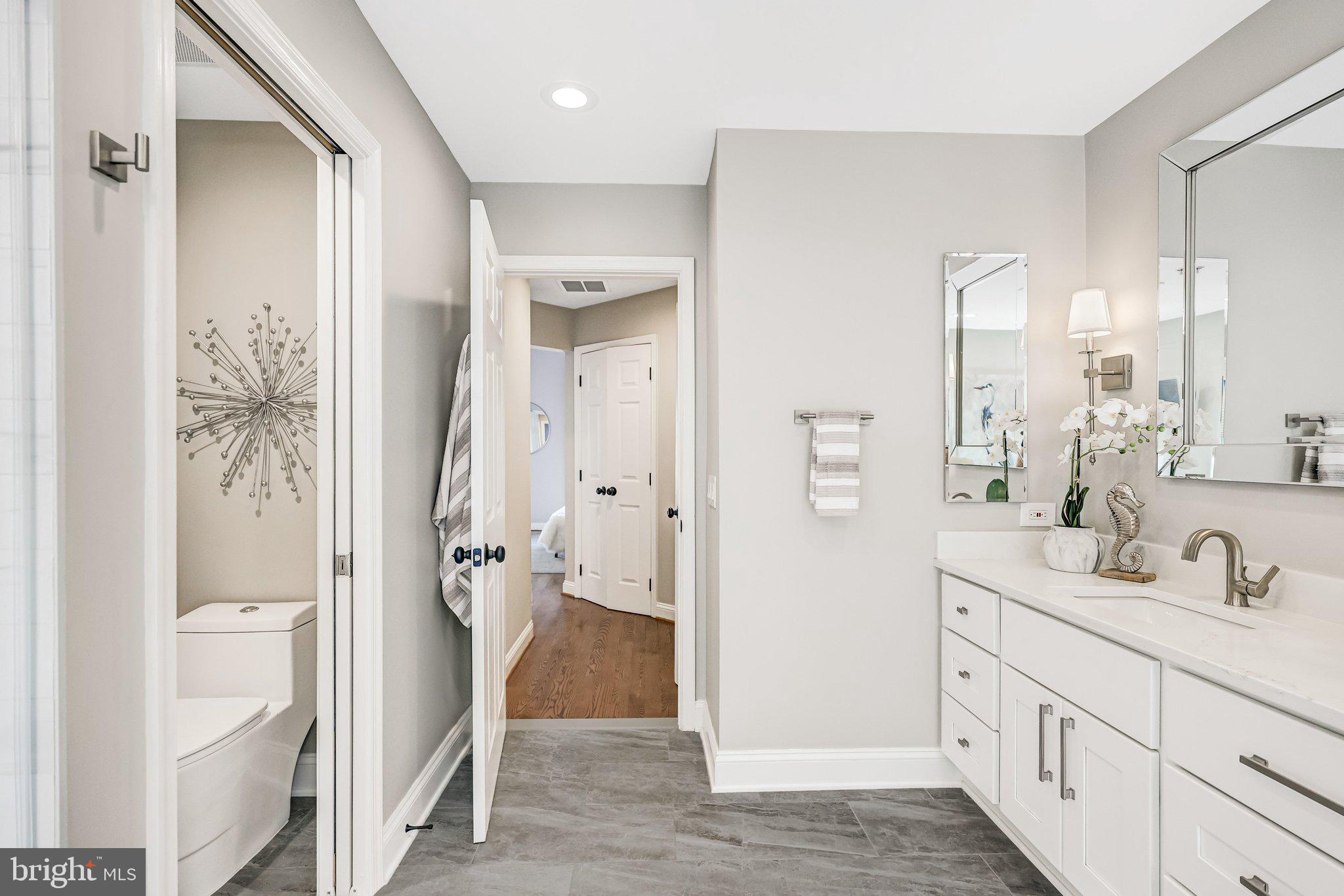 17 Alexander Street Alexandria, VA 22314 - Photo 36 of 49 a bathroom with a sink a mirror and a shower