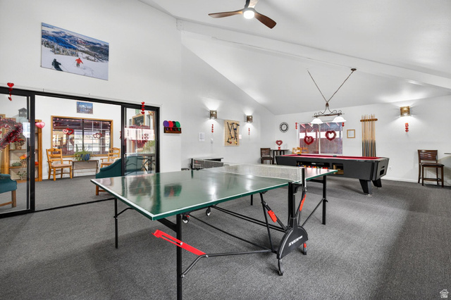 407 South Vasels Road, Unit 24 Brian Head, UT 84719 - Photo 32 of 63 Recreation room featuring ceiling fan, lofted ceiling, and pool table