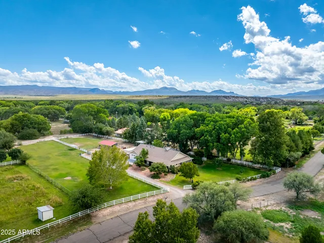 an aerial view of residential houses with outdoor space and trees
