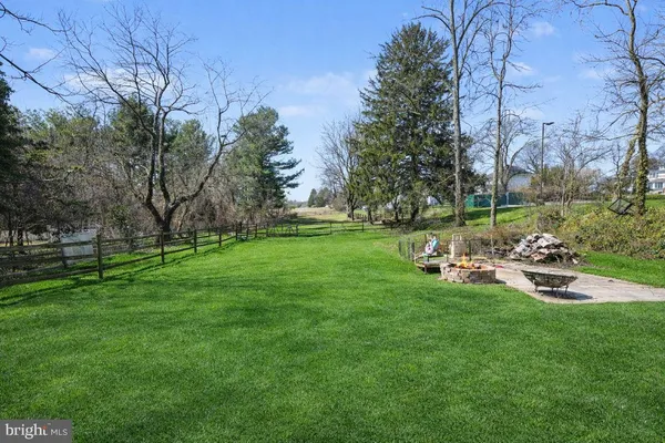 a view of a park with large trees
