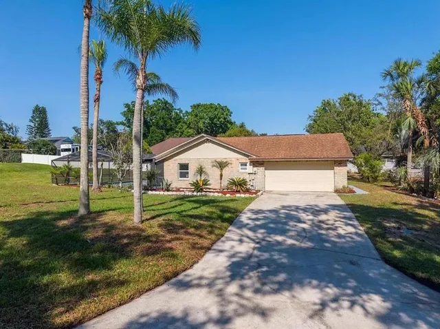 a view of a house with backyard and a tree