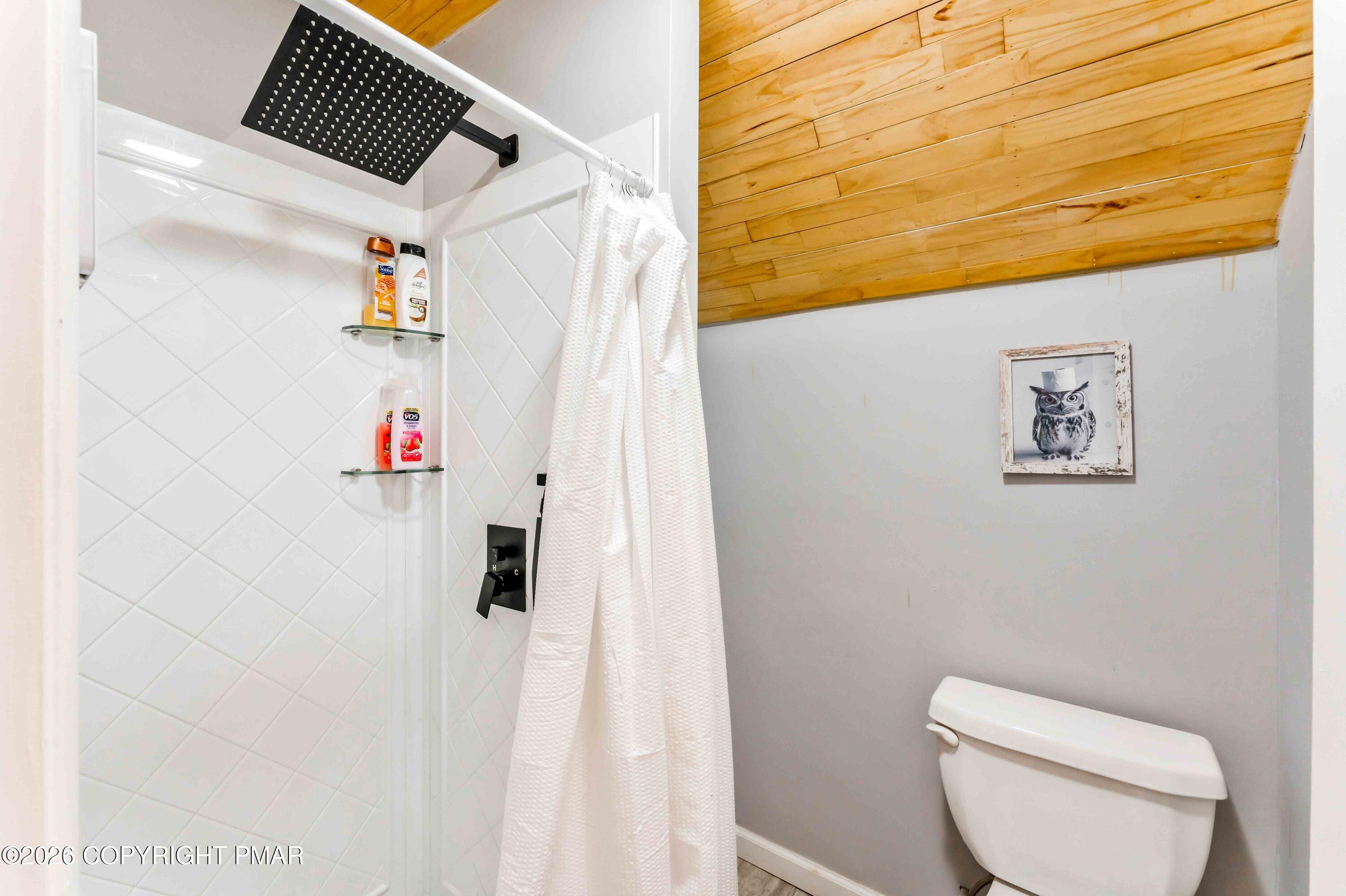 102 King Arthur Road Pocono Lake, PA 18347 - Photo 38 of 59 a bathroom with a toilet and a shower curtain