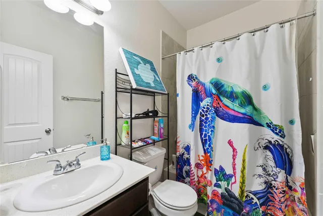 a bathroom with a sink toilet and shower curtain