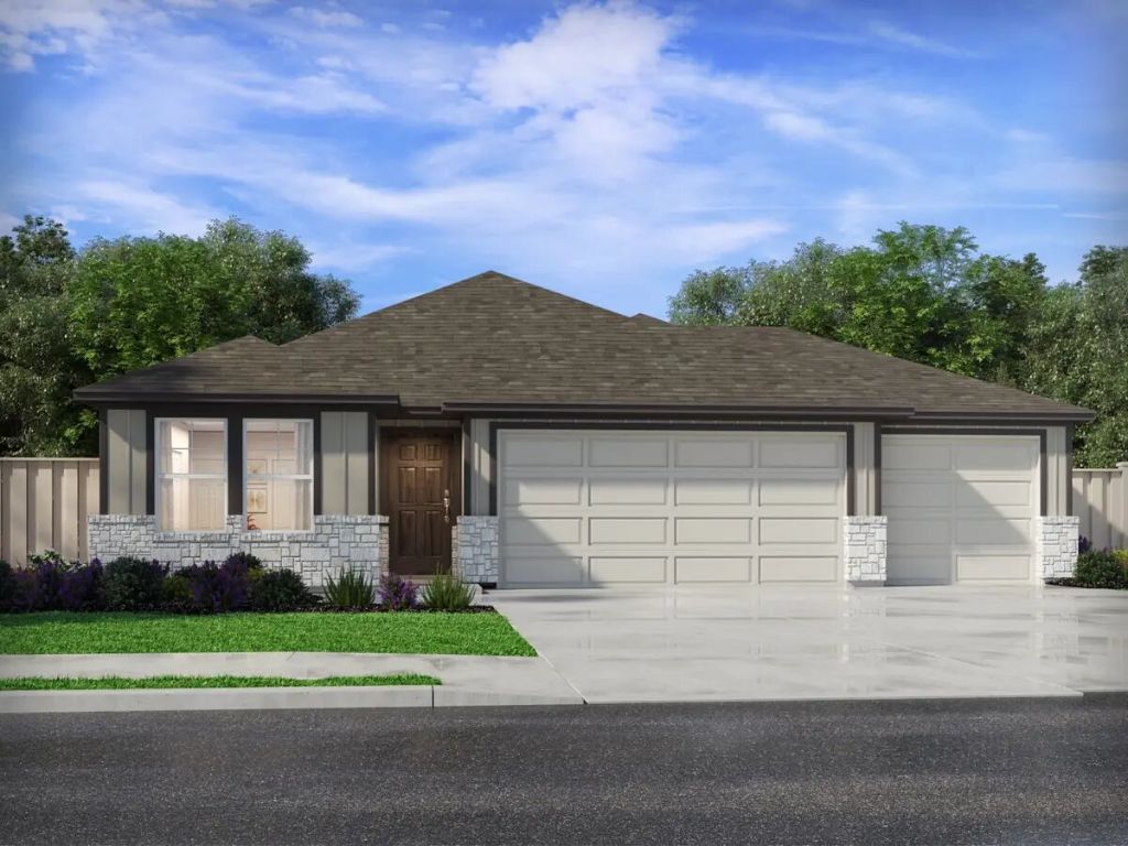 View of front of property with stone siding, a shingled roof, driveway, and a garage