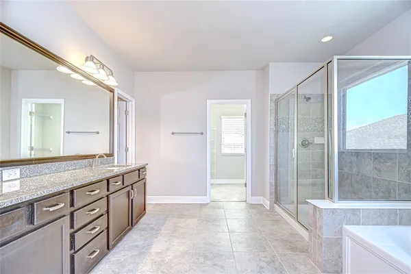 a bathroom with a tub shower and mirror