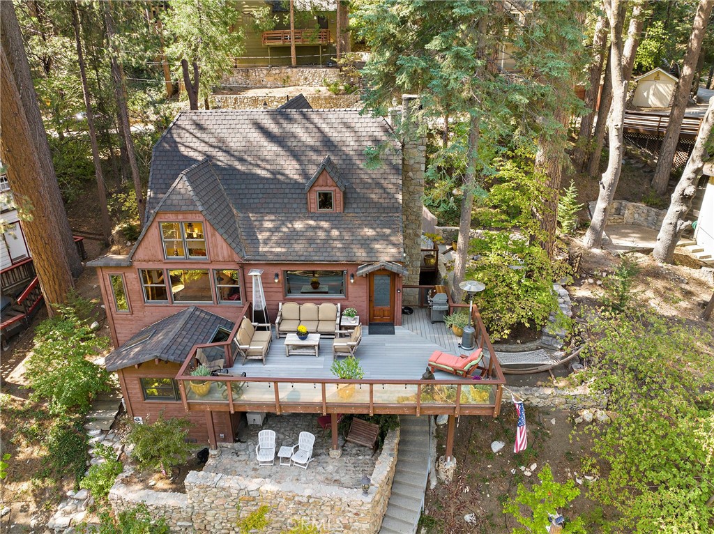 400 Cottage Grove Road Lake Arrowhead, CA 92352 - Photo 2 of 75 a aerial view of a house with swimming pool and outdoor seating