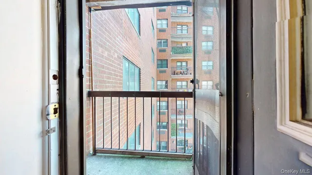 a view of a balcony from a window