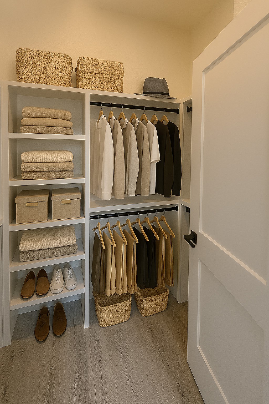 2000 Riverside Farms Road, Unit 8102 Austin, TX 78741 - Photo 8 of 10 This walk-in closet features organized shelving and hanging space for clothes, with baskets and boxes for additional storage. Neutral tones and wooden flooring create a clean, modern look.