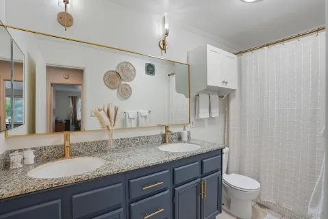 a bathroom with a granite countertop sink toilet and a mirror
