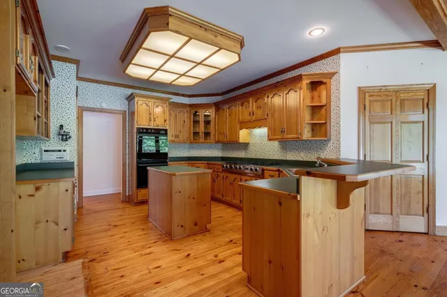 a kitchen with stainless steel appliances granite countertop a stove a sink and dishwasher cabinets with wooden floor