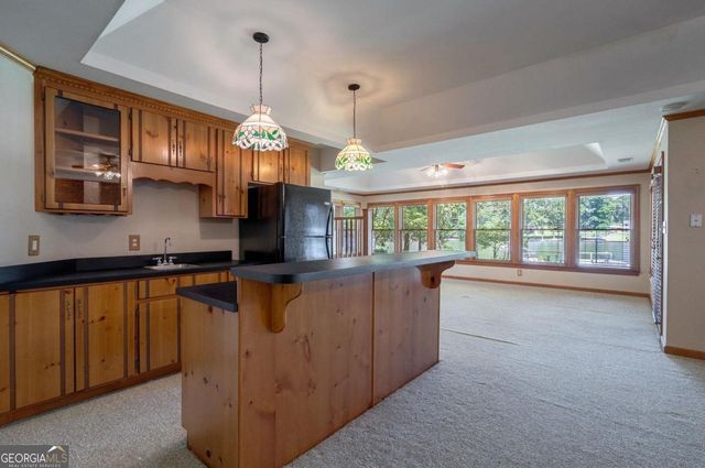 a view of a lake with houses in the background
