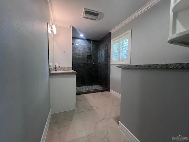 a bathroom with a shower and a sink