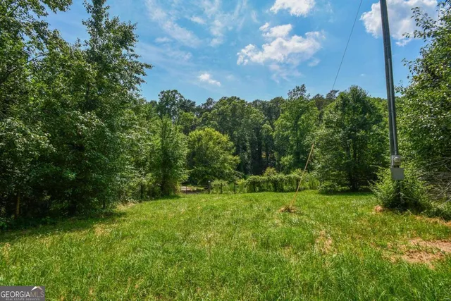 a view of a grassy field with trees in the background
