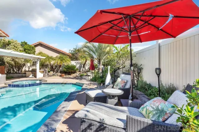 a view of house with swimming pool outdoor seating