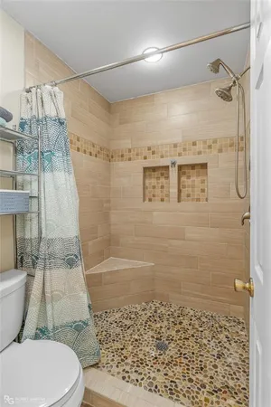 a bathroom with a shower and a toilet