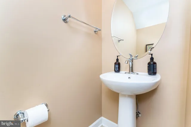 a bathroom with a sink a mirror and shower curtain