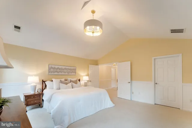 a view of a garden with plants and large trees