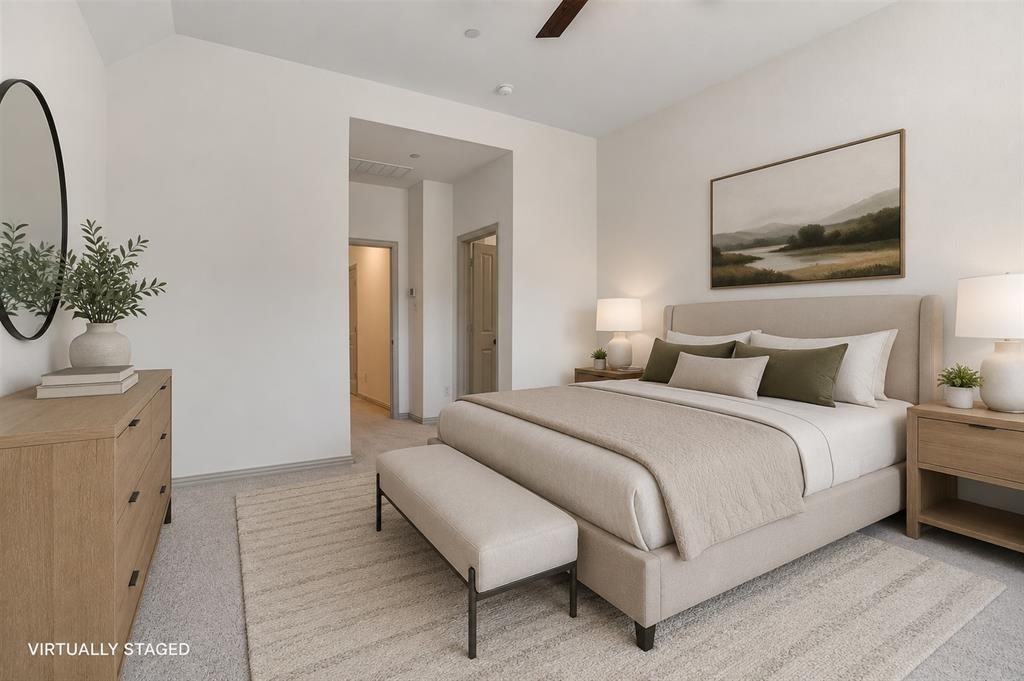421 Matchbox Street Argyle, TX 76226 - Photo 16 of 40 Carpeted bedroom featuring a vaulted ceiling and a ceiling fan