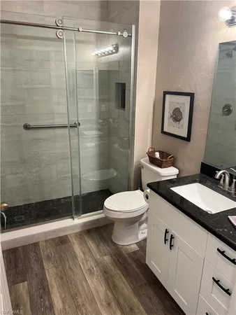 a bathroom with a granite countertop sink mirror vanity and toilet
