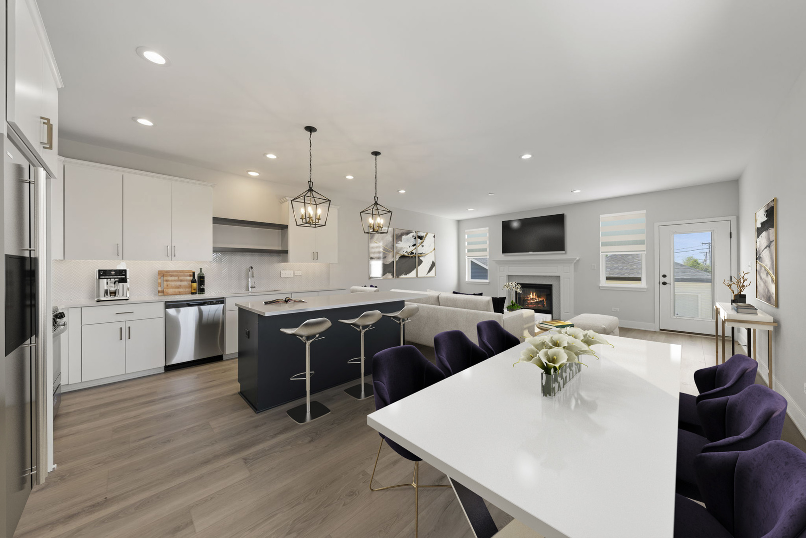 1025 Walter Street Lemont, IL 60439 - Photo 2 of 7 a open dining room with stainless steel appliances kitchen island granite countertop a stove top oven a sink dishwasher a dining table and chairs with wooden floor