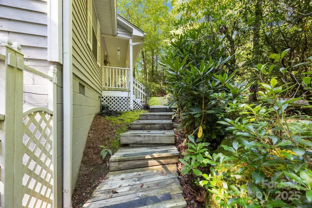 a view of stairs and garden