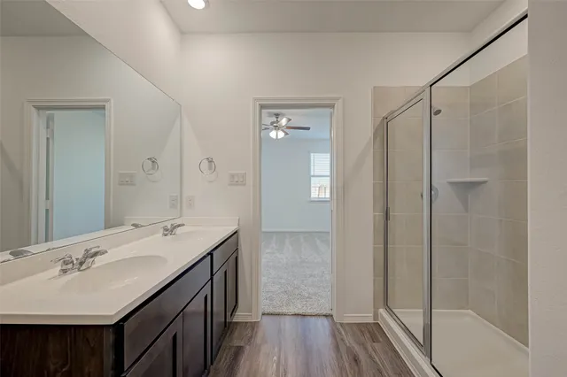 a bathroom with a sink shower and a mirror