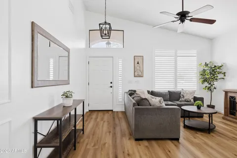 a living room with furniture and a potted plant