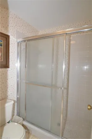 a bathroom with a shower and a toilet