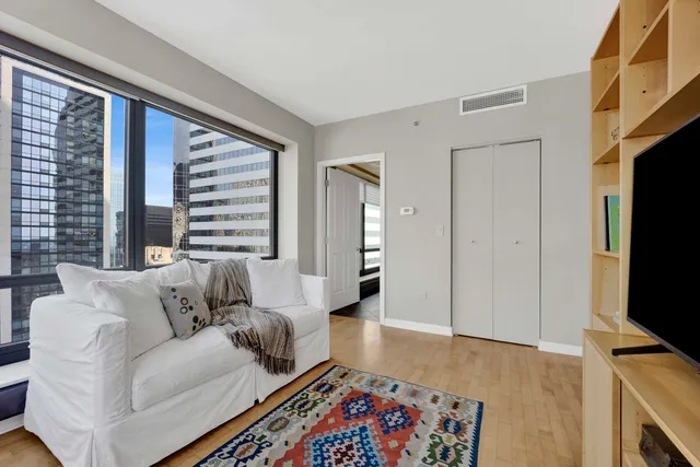 a city view with tall buildings