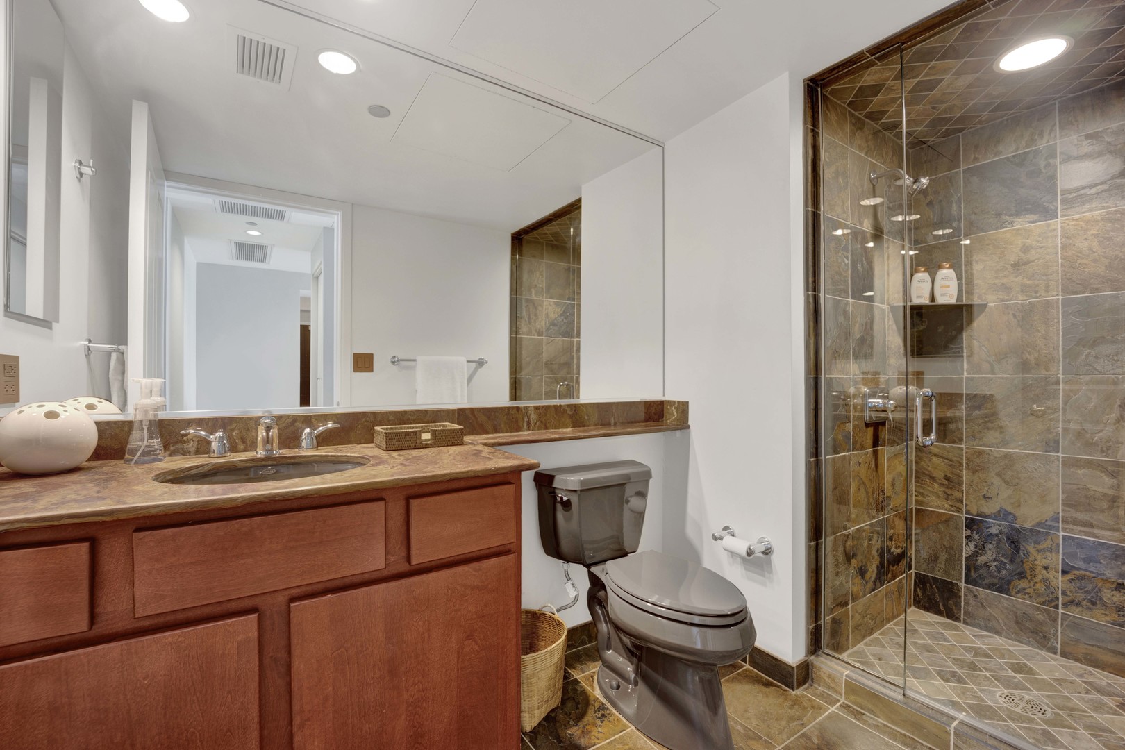 130 North Garland Court, Unit 3001 Chicago, IL 60602 - Photo 35 of 63 a bathroom with a granite countertop sink toilet a mirror and shower